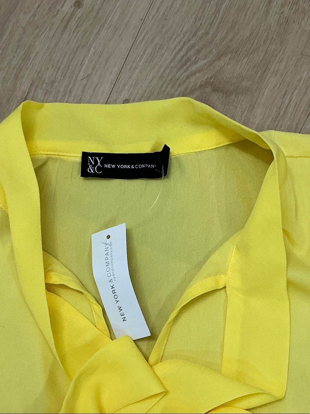 New York & Company Yellow Bow-Tie Ruffle Cap-Sleeve Blouse - Picture 2 of 3